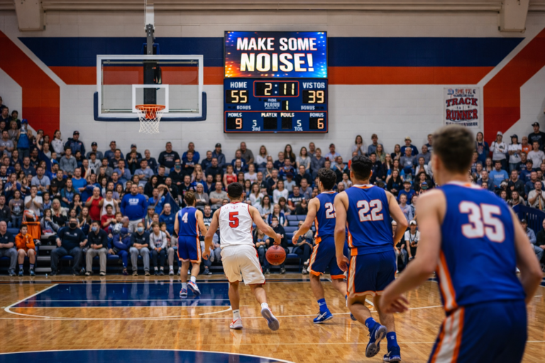 This image depicts a live basketball game with a digital scoreboard showing the score as Home 55 and Visitor 39 with 2:11 remaining. The scoreboard prominently displays a "MAKE SOME NOISE!" graphic.