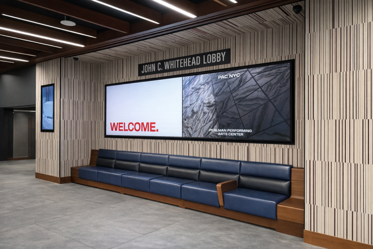 Video wall mounted behind a seating area