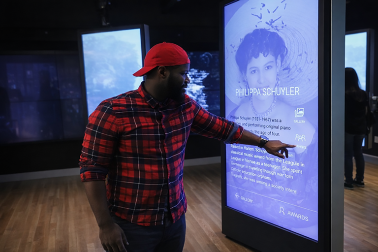 A person interacting with a touch enabled kiosk