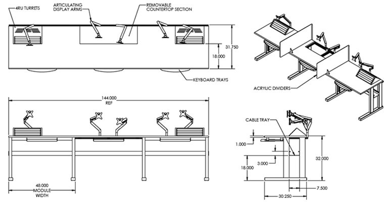 Technical drawings of production workstation featuring articulating display arms and 4RU turrets for mounting equipment